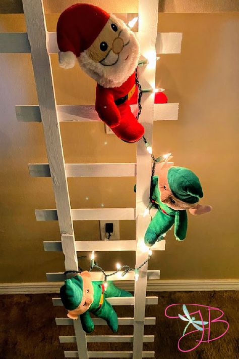 Dollar Tree DIY Christmas Elf Ladder Diy Christmas Elves, Christmas Ladder, Dollar Tree Diy Christmas, Dollar Tree Christmas Decor, Cute Christmas Decorations, Flocked Christmas Trees Decorated, Personalised Christmas Baubles, Dollar Tree Christmas, Dollar Tree Decor