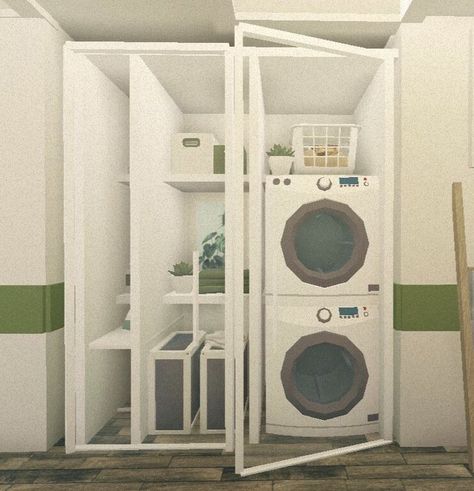 Bloxburg Laundry Room Ideas, Laundry Idea, Bloxburg Building, House Decorating Ideas, Blocksburg Room Ideas￼, Two Story House Design, House Plans With Pictures, House Decals, Bloxburg Builds