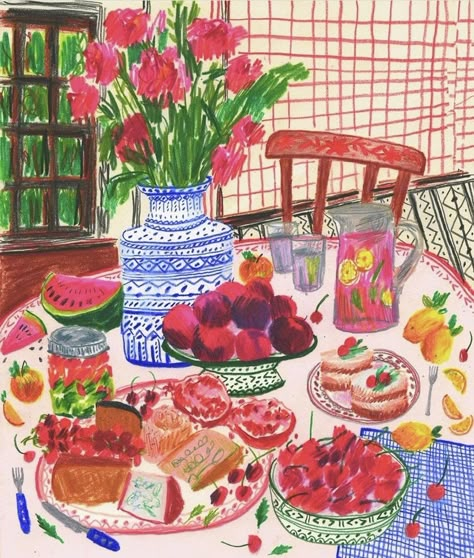 Tea Party Illustration Drawings, Dinner Illustration, Chair Table, Flower Food, Happy Labor Day, Food Illustrations, Funky Art, Labor Day, Oil Pastel