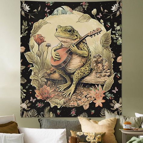 PRICES MAY VARY. 【Funny Pattern】Have you ever seen a vintage frog that can play the piano? The pattern of this frog tapestry is a frog playing the banjo, surrounded by various flowers and plants. The visual style is both retro and interesting, bringing a different visual effect to your room decoration 【Multi Use】This playing banjo music room decor is versatile; the western culture home decor is usually used as a decor, party backdrops, decorative posters, etc. It can also be used as a sofa cover Tapestries Aesthetic, Bedroom Aesthetic Green, Frog With Flowers, Banjo Frog, Frog Tapestry, Aesthetic Backdrop, Room Decor Tapestry, Tapestry Funny, Tapestry For Bedroom