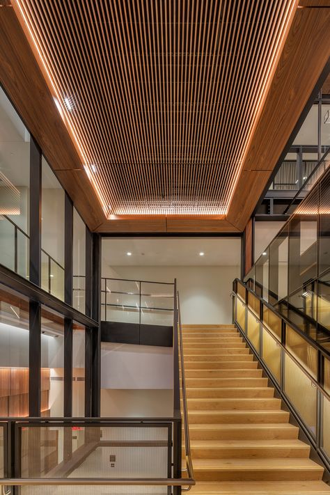 The architectural artistry of baffle ceilings.  Check out one of our recent projects, Johns Hopkins University! With the use of a Pure + FreeForm custom woodgrain finish, the ceilings merge architectural ingenuity with natural allure.  Architects: SmithGroup  Photographer: Helmuth Humphrey #purefreeform #architizer #modernarchitecture #architectureinspiration #architectsnewspaper #ceilinginspiration #designinspiration #architecture Baffle Ceiling, Johns Hopkins University, Modern Architecture, Interior Inspiration, Ceiling, Design Inspiration, Pure Products, Architecture