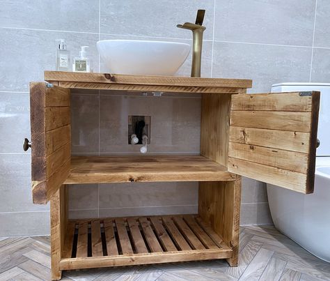 Modern Home Decor Clean Girl Aesthetic Bathroom Interior Design Wood Bathroom Furniture, Slim Bathroom Sink, Aquaboard Bathroom, Diy Vanity Unit, Wooden Sink Vanity, Reclaimed Bathroom Vanity, Bathroom Wood Furniture, Wooden Sink Unit Bathroom, Wooden Sinks Bathroom