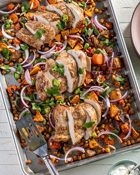 Sheet-Pan Moroccan-Style Chicken and Veggies Moroccan Sheet Pan Chicken, Moracan Chicken Recipes, Moroccan Grilled Chicken, Moroccan Roast Chicken, Moroccan Chicken Couscous, Chicken Breast Marinade, Moroccan Dishes, Moroccan Chicken, Moroccan Spices