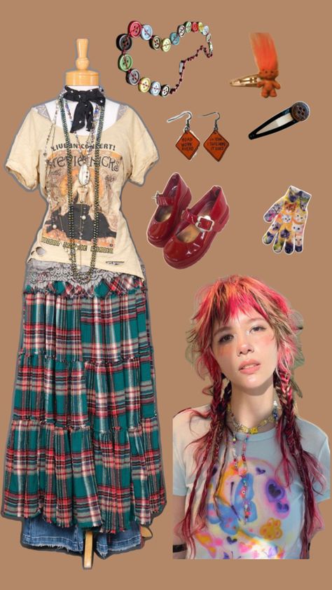 Tweecore Outfits, Which Colors Look Best On Me, Twee Outfit Aesthetic, Bugcore Outfits, Eccentric Outfits Aesthetic, Weird Core Fashion, Cluttercore Outfit, Twee Fashion Outfits, Cottagecore Punk