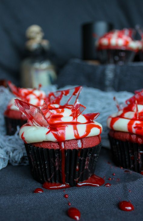 Vampire Bite, Cupcakes With Cream Cheese Frosting, Velvet Cupcakes, Food Dye, Red Velvet Cupcakes, Red Food Coloring, Broken Glass, Take The Cake, Halloween Cupcakes