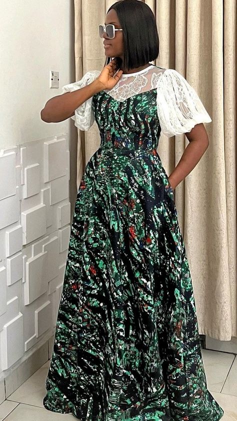 Crinkle Dress Design, Carrebian Gown Styles, Ankara Maxi Dress Classy, Akara Classic Long Gown, Maxi Ankara Dresses, Flay Gown Styles, Material Gown Styles For Ladies, Long Ankara Dress Styles, Ankara Dress Styles Gowns Classy