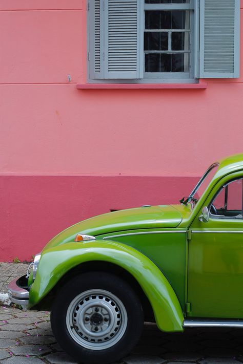 Green Volkswagen Beetle, Vintage Beetle, Pink Building, Curtains Pictures, Cute Vans, Vw Sedan, Green Pictures, Vintage Vw, Free Cars