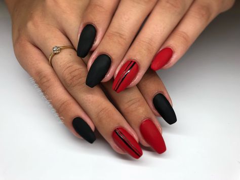 Red And Black Acrylic Nails Designs Short, Red And Black Matte Nails, Matte Black And Red Nails, Black With Red Nails, 40th Birthday Nails, Matte Red Nails, Teal Nail Art, Red And Black Nails, Red Black Nails