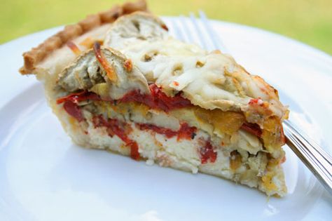 This looks wonderful! Anyone want to barter tomato for zucchini? Eggplant Tomato Pie Recipe, Eggplant Pie, Tomato Eggplant, Tomato Pie Recipe, Green Tomato Recipes, Meatless Main Dishes, Tomato Pie, Romano Cheese, Salad Sauce