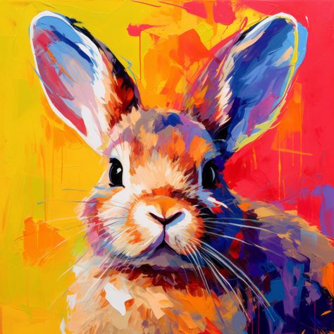 Original art that can't be found anywhere else High-resolution, digitalized, pop art-style painting of a bunny rabbit with bright, vibrant colors. Personal recommendation for getting this printed is through Mpix.com Vibrant Portrait, Colorful Animal Paintings, Bunny Rabbit Art, Lapin Art, Easter Paintings, Rabbit Colors, Pop Art Animals, Bunny Painting, Rabbit Painting