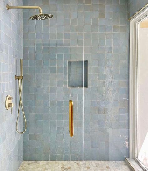 Trending Bathroom Colors, Light Blue Tile, Bathroom Colours, Blue Shower Tile, Blue And White Bathroom, Light Blue Bathroom, Zia Tile, Blue Bathroom Tile, Bad Inspiration