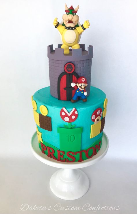 Super Mario Bros cake for my son's 10th birthday with fondant Mario and Bowser. #supermariobros #supermariobroscake #supermariocake #mariocake #Mario #bowser Super Mario Cake Bowser, Mario And Bowser Cake, Super Mario Bowser Cake, Mario Bowser Cake, Bowser Birthday Cake, Mario Birthday Cakes, Fondant Mario, Bowser Cake, Mario Happy Birthday