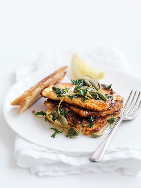 Haloumi with Caperberries  and Parsley | MiNDFOOD Dinner Party Starters, Christmas Starters, Vegetarian Starters, Italian Feast, Parsley Recipes, Vegetarian Christmas, Ciabatta Bread, Christmas Lunch, Christmas Menu