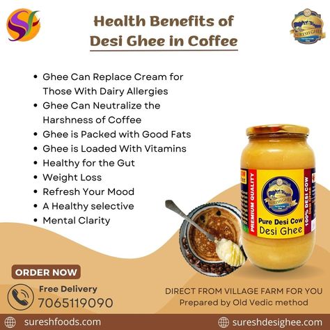 Adding ghee with coffee is delicious and has some surprising benefits and adding ghee to the diet itself also offers many health benefits. Here’s a quick look at some important benefits of our favorites! Ghee Coffee, Ghee Benefits, Desi Cow, Dairy Allergy, Cow Ghee, Coffee Benefits, Home Health Remedies, Good Fats, Home Health