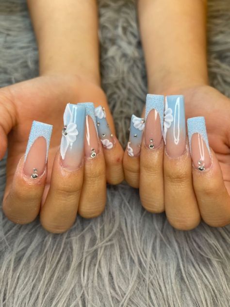 Heat Up Your Look with These May Nail Designs Light Blue Nails With 3d Flowers, 3d Flower Nails Medium Length, Light Blue Nails With Flower Design, Light Blue Nail Designs 2024, Baby Blue Flower Nails, Blue Nails With 3d Flowers, Baby Blue Quince Nails, Blue 3d Flower Nails, Blue Nails Medium Length