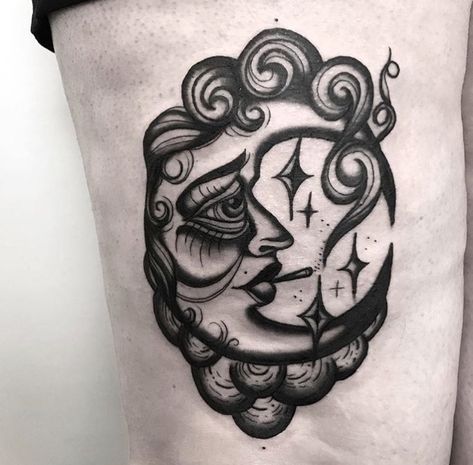 Moon Moon American Traditional Tattoo, Witchy Traditional Tattoo, Traditional Moon Tattoo, Traditional Flash, Tattoo Old School, Tattoo Traditional, Waves Tattoo, Traditional Tattoos, Piercing Ideas