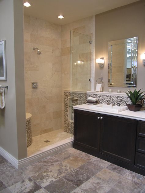 bathrooms - tile from the Tile shop  Kirsty Froelich - custom dark bathroom cabinets turkish and peruvian travertine Beige Bathroom Tile Ideas, Beige Bathroom Tiles, Open Showers, Dark Bathrooms, Small Bedrooms, Beige Bathroom, Bathroom Redo, Floor Colors, Bath Room