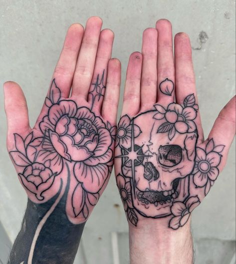 Peony Hand Tattoo, Cuticle Tattoos, Hand Palm Tattoos, Palm Tattoo, Tattoo Website, Gallery Tattoo, Skull Hand Tattoo, Hand And Finger Tattoos, Palm Tattoos