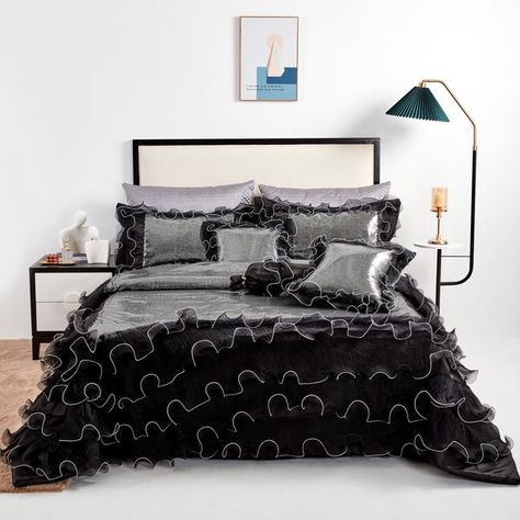 Ruffles Bedding, Sequin Bedding, Black Comforter Sets, Elegant Bedding Sets, Ruffle Comforter, Weighted Comforter, Royal Bedroom, Black Comforter, Comforter Bedding