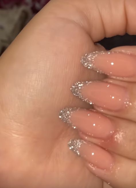 Cute Shiny Nails, Cute Party Nails, Nails For Sparkly Dress, Pretty Glitter Nails, Kbeauty Korean Nails, Sparky French Tip, Glittery French Tip Nails Almond, Glittery Tips Nails, Sparkling Nail Designs