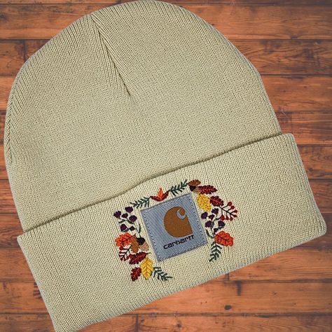 Adult Carhartt Knit Cuffed Beanie Beautifully Embroidered With Colorful Fall Leaves, Acorns, Berries And Purple Flowers. Perfect Gift For A Special Lady. A Great Look In The Cold Climate Seasons. This Carhartt Beanie Is Fully Versatile And Can Be Worn With Any Style. Constructed From Thick Acrylic Rib-Knit Yarn, The Adult Carhartt Knit Cuffed Beanie Is Super Soft And Incredibly Warm On A Cold Winter Day. Plus, The Stretchy Fabric Ensures That This Carhartt Beanie Stays Put All Day Long. Embroidered Hats Ideas, Embroidery Unique, Carhartt Beanie, Toddler Beanie, Lady A, Disney Embroidery, Embroidered Roses, Embroidered Beanie, Hand Embroidery Projects