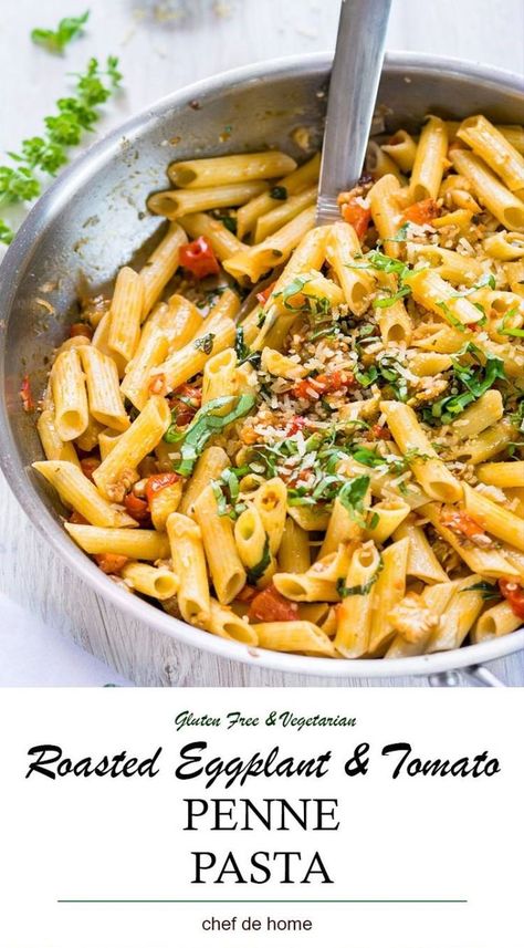 This season, start loving the eggplant again with this roasted eggplant and tomato penne pasta. This velvety eggplant and tomato sauce is my take on eggplant caponata served with pasta for a healthy and gluten free weeknight dinner. #roasted #egpplant #tomato #pennepasta #pastarecipes #pastadinner #glutenfreerecipes #vegetarianrecipes #summerdinner #summerrecipes #eggplantrecipes Penne Pasta Salad, Penne Pasta Salads, Weeknight Dinner Pasta, Penne Pasta Recipe, Vegetarian Pasta Salad, Penne Pasta Recipes, Eggplant Caponata, Make Your Own Pasta, Roasted Eggplant