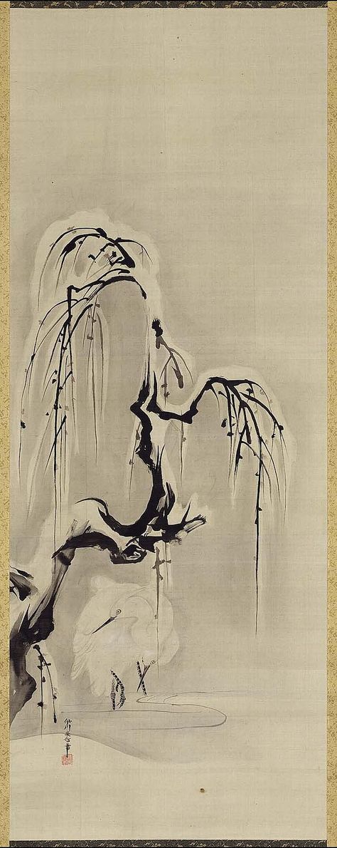 Egret with Wintry Willow Tree Willow Tree Art, Tree Lily, Tree Tat, Winter Tattoo, Tree Tattoo Back, Willow Tree Tattoos, Japanese Edo Period, Crooked Tree, Japanese Tree