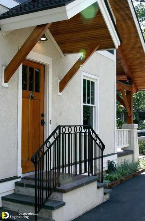 35 Beautiful Front Door Overhang Designs Ideas To Make Your Home Elegant | Engineering Discoveries Front Door Overhang, Awning Ideas, Front Door Awning, Door Overhang, Front Door Canopy, House Awnings, Door Awning, Porch Kits, Window Canopy