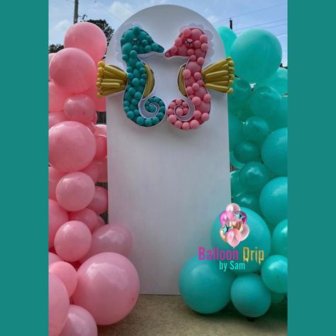 Balloon decorations Seahorse Balloon, Balloon Decor, Balloon Garland, Balloon Decorations, Gender Reveal, Under The Sea, Arch, Mosaic, Balloons