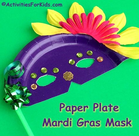 Paper plate Mardi Gras Masks for kids to make.  Add colorful items that can be found at the Dollar Tree for a festive Mardi Gras craft for kids to make.  Find more Mardi Gras crafts for kids at ActivitiesForKids.com Mardi Gras Crafts For Kids, Marti Gra, Jester Collar, Mummy Craft, Mardi Gras Activities, Paper Plate Masks, Mardi Gras Kid, Beaded Headbands, Mardi Gras Masks