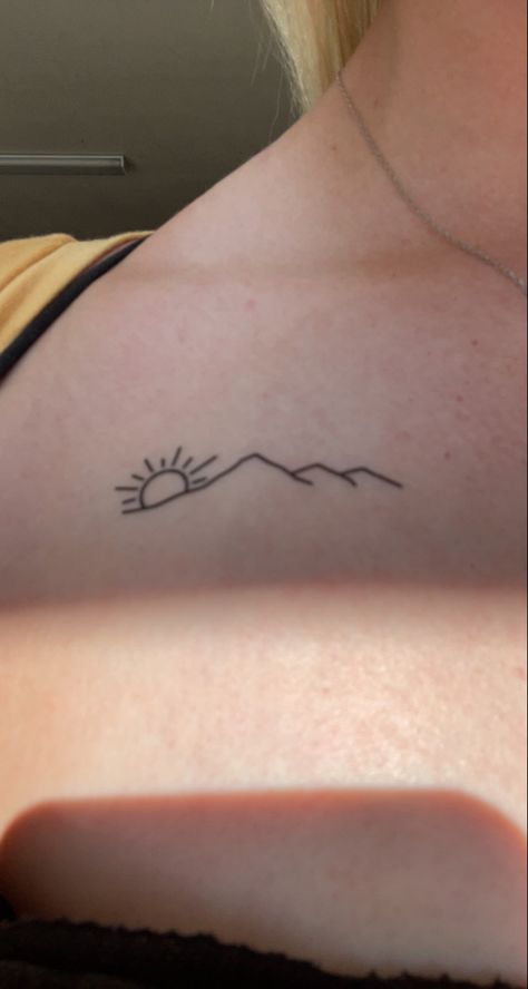 Collarbone Mountain Tattoo, Simple Tattoos Collar Bone, Mountain Tattoo Collar Bone, Sun Over Mountain Tattoo, Mountain Tattoo With Sun, Mountain Collar Bone Tattoo, Tiny Collar Bone Tattoo, Simple Collar Bone Tattoos, Mountain Sun Tattoo