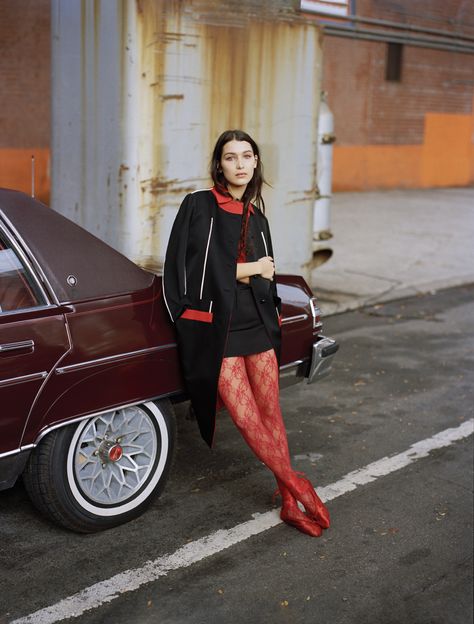 Bella Hadid wearing Fogal red lace tights Satin Ballet Slippers, Red Tights, Elle Us, Lace Tights, Ballet Beautiful, Elle Magazine, Fashion Photography Editorial, Bella Hadid, Editorial Photography