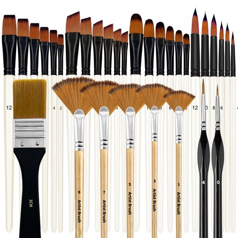 PRICES MAY VARY. 🎨32 Pieces Brushes - Paint brushes for acrylic painting set includes 32 brushes in 6 series. Whether it's for extreme details or large areas, these round, square, fan and flat brushes work well 🎨High Quality Nylon Bristles - The soft nylon bristles are great for load capacity and control of colors. Nylon bristles are easy to clean, rinse and look as good as new, making them suitable for long-term use 🎨Comfortable Wooden Handle - The birch wood handle is coated with a non-toxi Brushes For Acrylic Painting, Brushes Paint, Paint Brush Set, Brush Paint, Flat Brush, Painting Set, Types Of Painting, Paint Brush, Gouache Painting