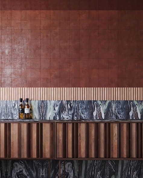 Cool Tile Kitchen, Commercial Feature Wall Design, Terracotta Tiles Interior Design, Wall Texture Design Interior, Terracotta Pallete, Interior Stone Accent Wall, Bathroom Millwork, Terracotta Interior, Tiling Patterns