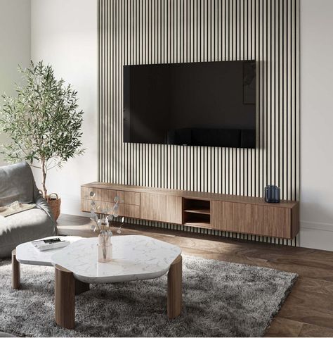 Paneling Living Room Tv, Wooden Panels Walls Tv, White Wood Panel Walls Living Room, Slatted Wood Media Wall, Wooden Slats Media Wall, Lounge Wood Panelling, Acoustic Panel Media Wall, Acupanel Tv Wall, Media Wall Wood Slats