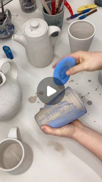 Ayla Mullen on Instagram: "Here's a glimpse into my inlay process✨  This video shows how I add color to most of my work using a traditional inlay technique called Mishima. I start with a bone dry pot that I've carved a design into at an earlier point. First, I cover the piece in underglaze, making sure to get color down into all the crevasses of my carved design. Then, I begin wiping away the color from the surface of the pot, revealing the carved design now filled in with color. It took meany years to get a consistent and cleanly inlaid design, especially since I do this process on stoneware clay rather than porcelain, meaning I have to work around the natural grittiness of the clay body.   Some tips for trying Mishima: make sure you introduce as little water as possible to the process at Mishima Ceramics, Underglaze Techniques, Pottery Videos, Pottery Designs, Clay Projects, Stoneware Clay, Art Ideas, Stoneware, Porcelain