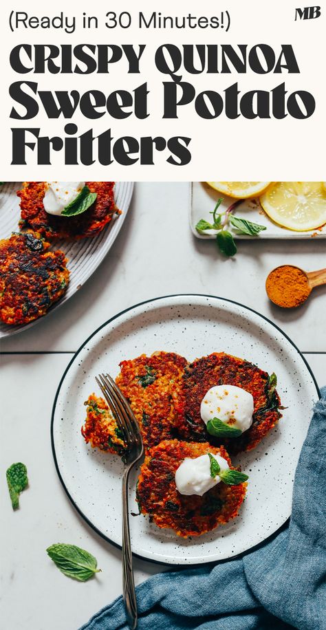 Easy-to-make sweet potato fritters with quinoa, spinach, and eggs! A delicious, gluten-free vegetarian side or snack ready in 30 minutes! Quinoa Fritters, Spinach And Eggs, Sweet Potato Quinoa, Sweet Potato Fritters, Crispy Quinoa, Quinoa Spinach, Quinoa Sweet Potato, Potato Fritters, Vegetarian Sides