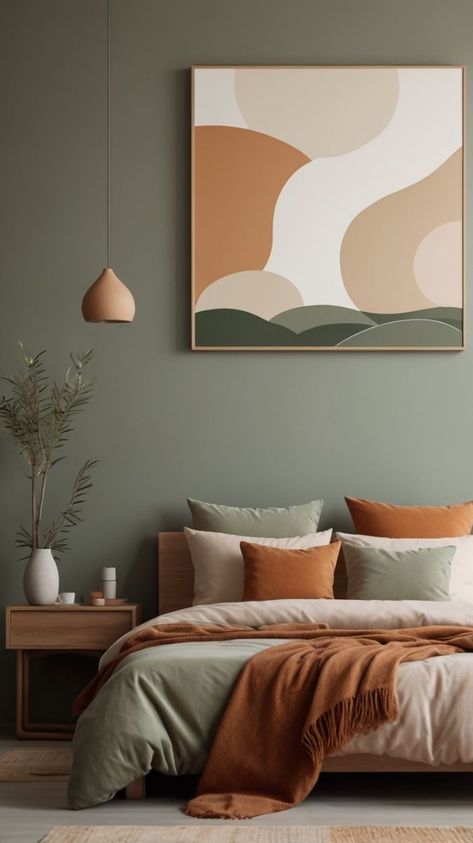 #warmcolors #decorideas #interiordesign #homeinspiration #colorpalette #homedecor #interiorstyling #designinspiration #colortrends Bedroom Colors Combinations, Warm Scandinavian Bedroom, Beige And Green Bedroom Ideas, Green Orange Interior Design, Small Bedroom Colour Ideas, Beige Green Bedroom, Green Orange Interior, Green Orange Bedroom, Green Beige Bedroom