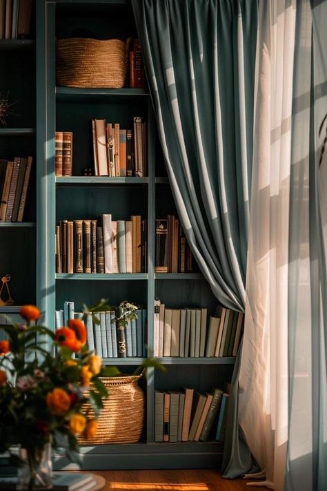 How To Cover A Bookshelf With A Curtain: Creative Concealment Curtain Covering Shelves, Curtains On Bookshelves, Bookshelf With Curtain, Covered Bookshelf, Bookshelf Curtains, Different Curtain Styles, Bookshelf Makeover, Functional Home Decor, Tall Bookshelves