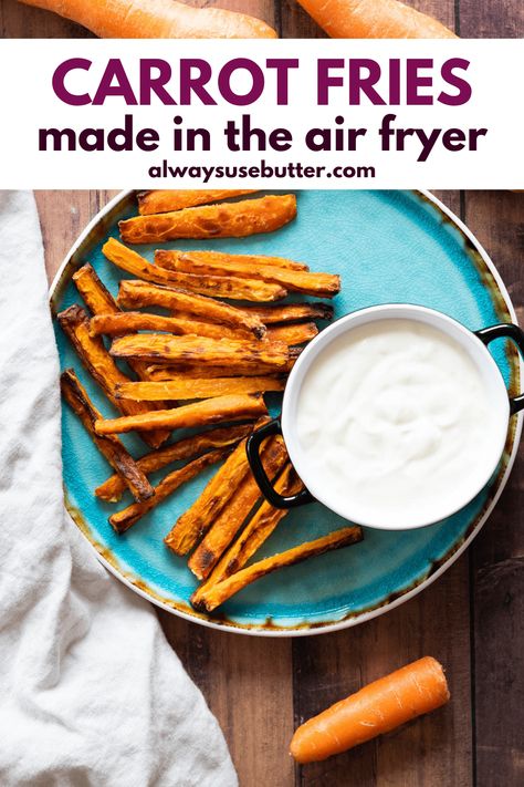 With quick prep & 12-14 minutes of cooking you can make the best easy Air Fryer Carrot Fries. Crispy, sweet and salty this is a healthy snack or side that's all ready to serve with your favorite dipping sauce! Healthier than traditional fries and a great option to cut down the carbs, and the best thing is - it doesn't even feel like you're having veggies! Even your kids won't be able to tell that this air fyer side is actually healthy. Air Fryer Carrot Fries, Vegetarian Side Dish Recipes, The Best Air Fryer, Carrot Fries, Baked Carrots, 5 Minute Meals, Best Air Fryer, Vegetarian Sides, Easy Air Fryer