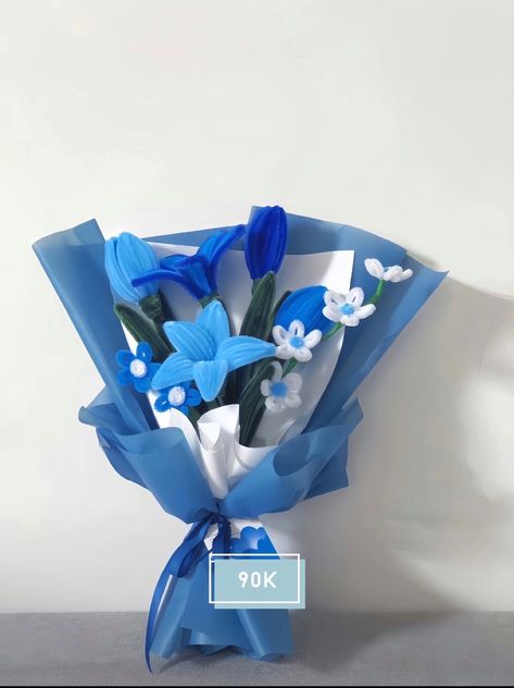 Blue Pipe Cleaner Bouquet, Blue Pipe Cleaner Flowers, Fuzzy Wire Flower Bouquet, Fuzzy Wire, Satin Flowers Diy, Flower Boquet, Diy Bouquet Wrap, Pipe Cleaner Flowers, Flower Bouquet Diy