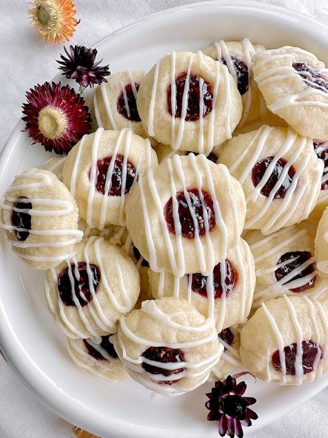 Raspberry Almond Thumbprint Cookies Thumbprint Cookies Recipes, Raspberry Almond Thumbprint Cookies, Almond Thumbprint Cookies, Vanilla Shortbread, Almond Butter Cookies, Thumbprint Cookies Recipe, Dessert Spread, Raspberry Almond, Thumbprint Cookies