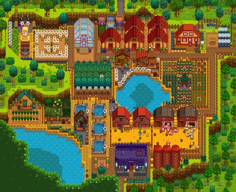 Stardew Valley Wilderness Farm, Stardew Valley Standard Farm Layout, Stardew Valley Farm, Aesthetic Farm, Stardew Farms, Cottage Minecraft, Blossom House, Check Designs, Stardew Valley Layout