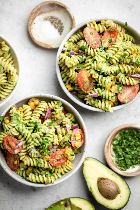 Healthy Avocado Pasta Salad - The Mindful Hapa Healthy Avocado Pasta, Sauteed Corn, Vegan Avocado Dressing, Cold Pasta Recipes, Zucchini Pesto Pasta, Cold Pasta Dishes, Summer Pasta Dishes, Creamy Avocado Dressing, Avocado Pasta Salad