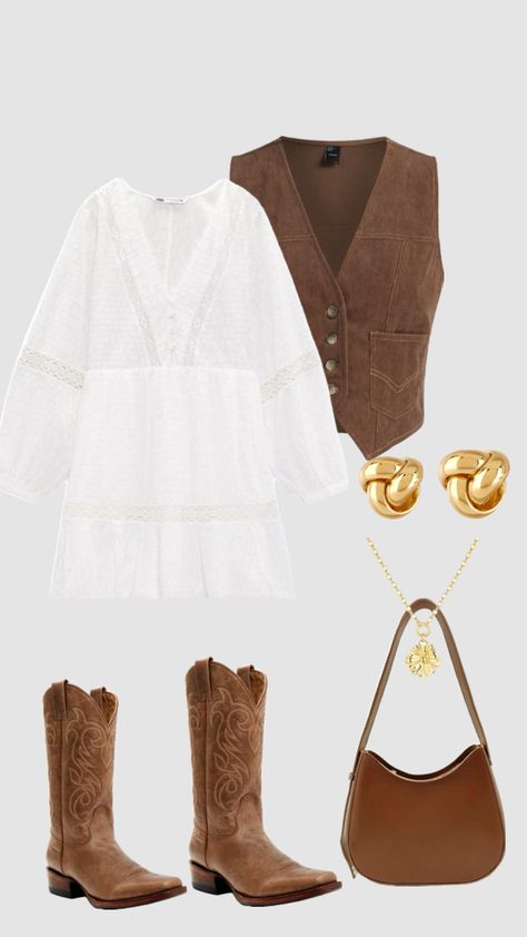 Tenesse Outfit Fall, Western Homecoming Outfits, Country Cocktail Attire, Women In Construction Outfits, Kacey Musgraves Concert Outfit, Simple Country Outfits, Country Boho Outfit, Brown Cowgirl Boots Outfit, Fall Cowgirl Outfits