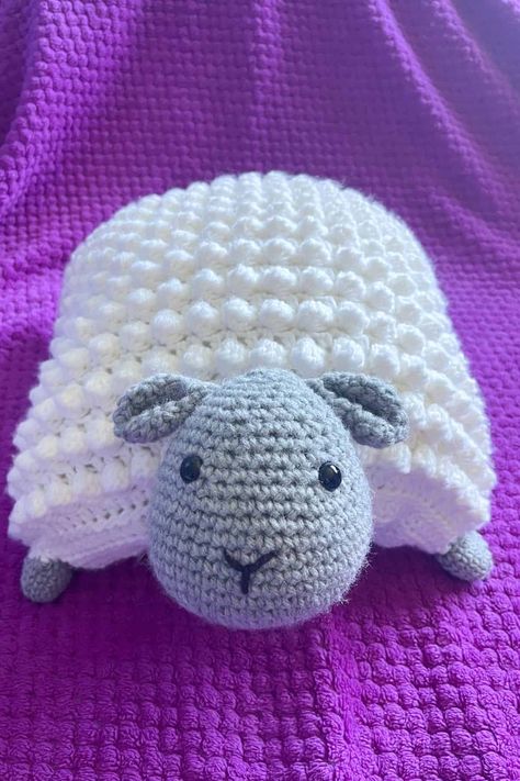 Crochet Sheep Pattern - thecaffeinatedsnail.com Crochet Sheep Pillow, Pillow Case Crochet, Crochet Sheep Pattern, Bobble Stitch Tutorial, Sheep Pillow, Sheep Ears, Sheep Pattern, Crochet Sheep, Rainbow Keychain