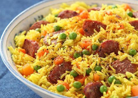 Yellow Rice Pilaf with Polish Sausage Yellow Rice And Sausage Recipe, Ground Beef Breakfast, Yellow Rice Recipes, Rice Pilaf Recipe, Pilaf Recipe, Polish Sausage, Sausage Recipe, Yellow Rice, Rice Pilaf