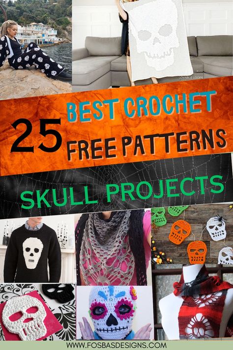 "Several finished crochet skulls on a dark background, highlighting the intricate stitch work, with a 'Free Patterns' callout." Skull Crochet, Crochet Skull Patterns, Crochet Cushion Pattern, Autumn Crochet, Crochet Scarf Easy, Lace Skull, Goth Kids, Crochet Wearables, Crochet Skull