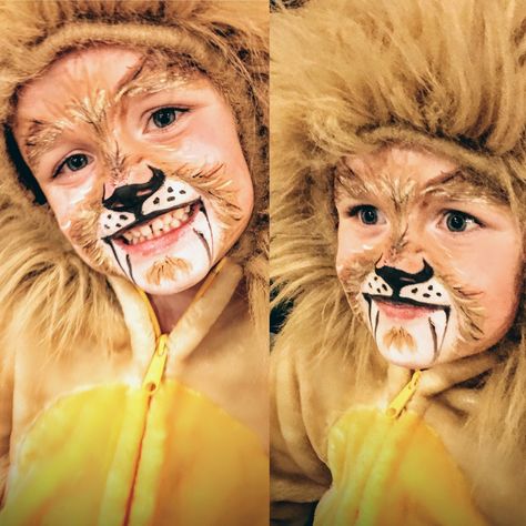 Sabertooth Lion Face-Paint (by 4yr request) •Simple 5mins •Paints: Snazaroo 28 color palette + B & W 18ml/ea. Lion Face Painting Easy, Kids Lion Face Paint, Safari Animal Face Paint, Simple Lion Face Paint, Lion Face Painting For Kids, Lion Makeup Kids, Easy Lion Face Paint, Lion Face Makeup, Easy Lion Makeup