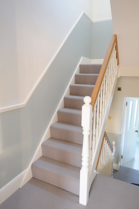 Dado rails and replaced handrails and spindles Dado Rail Living Room, Dado Rail Hallway, Victorian Stairs, Carpet Staircase, Interior Railings, Stairway Decorating, Hallway Colours, Handrail Design, Hallway Inspiration